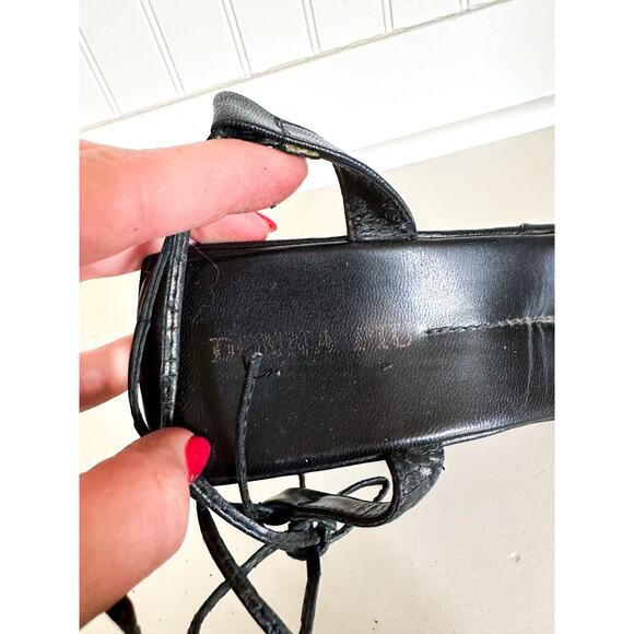 Donna Piu Leather Wrap Ankle Tie Open Toe Wedge Sandals Black $250 - Picture 7 of 7